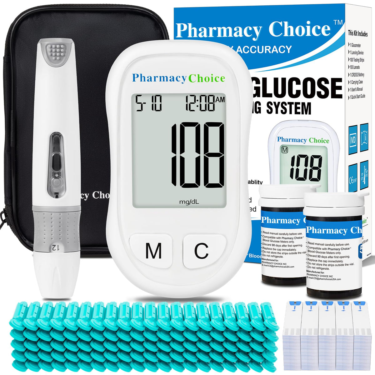 Blood Glucose Monitor Kit, 100 Strips, Meter, Lancing Device A396223