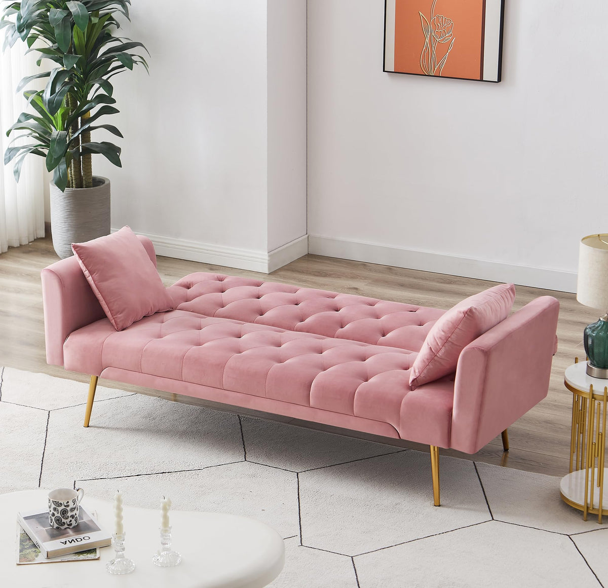 Modern Velvet Sofa Bed Futon with 2 Pillows T25317