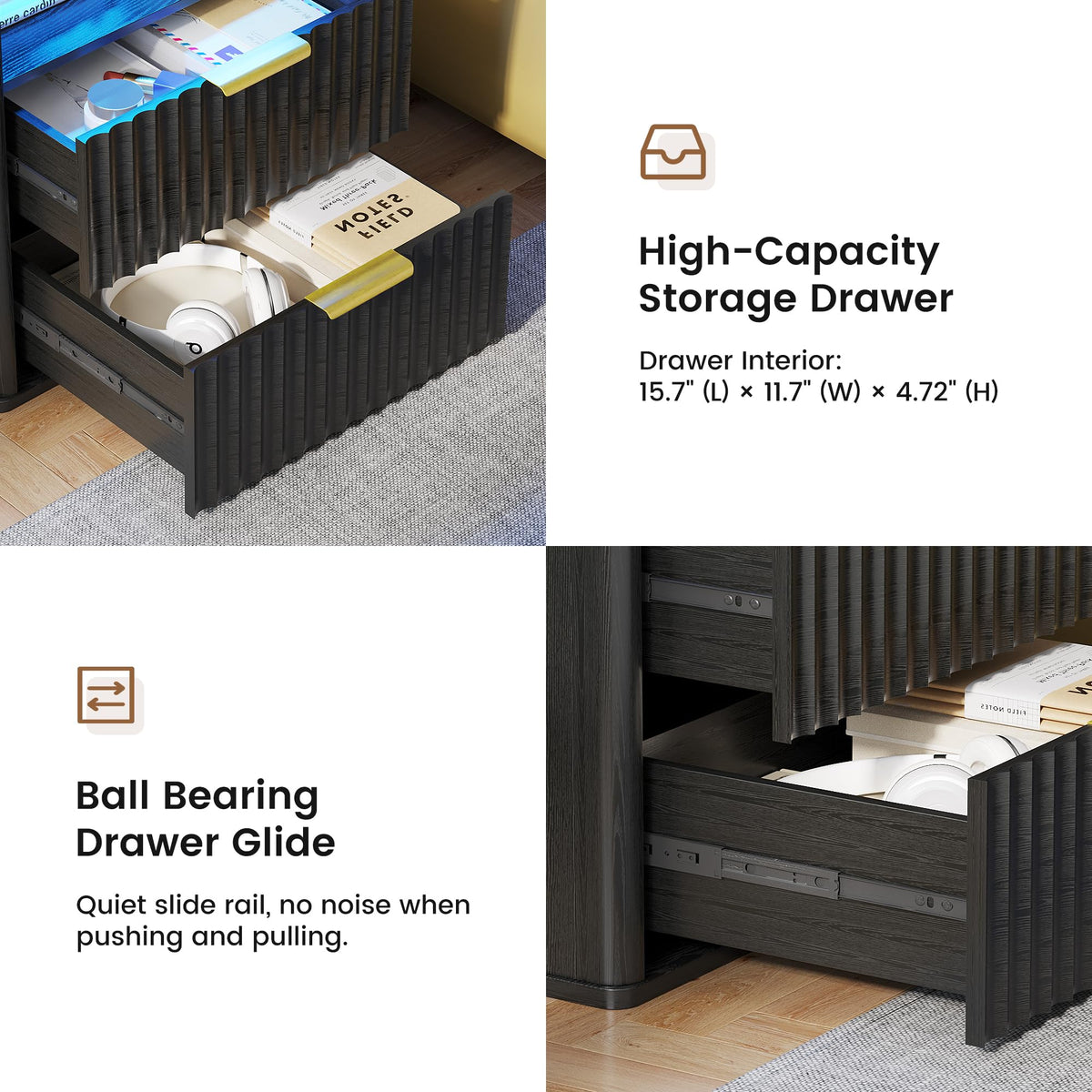 Black Smart Nightstand with Bluetooth Speaker, LED Lights, Wireless Charging, 2 Drawers & Open Shelf S114251