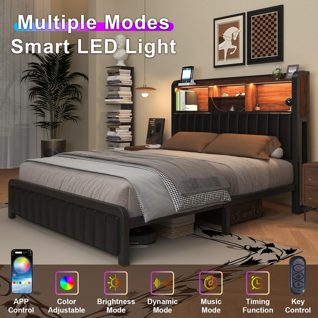 Black Full Size Bed Frame with Storage Headboard F9391