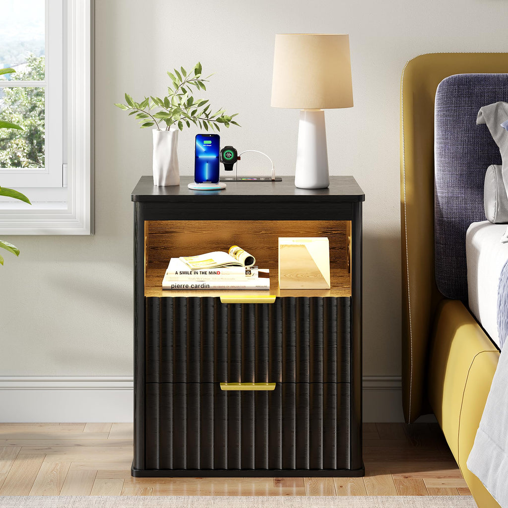 Black Smart Nightstand with Bluetooth Speaker, LED Lights, Wireless Charging, 2 Drawers & Open Shelf S114251
