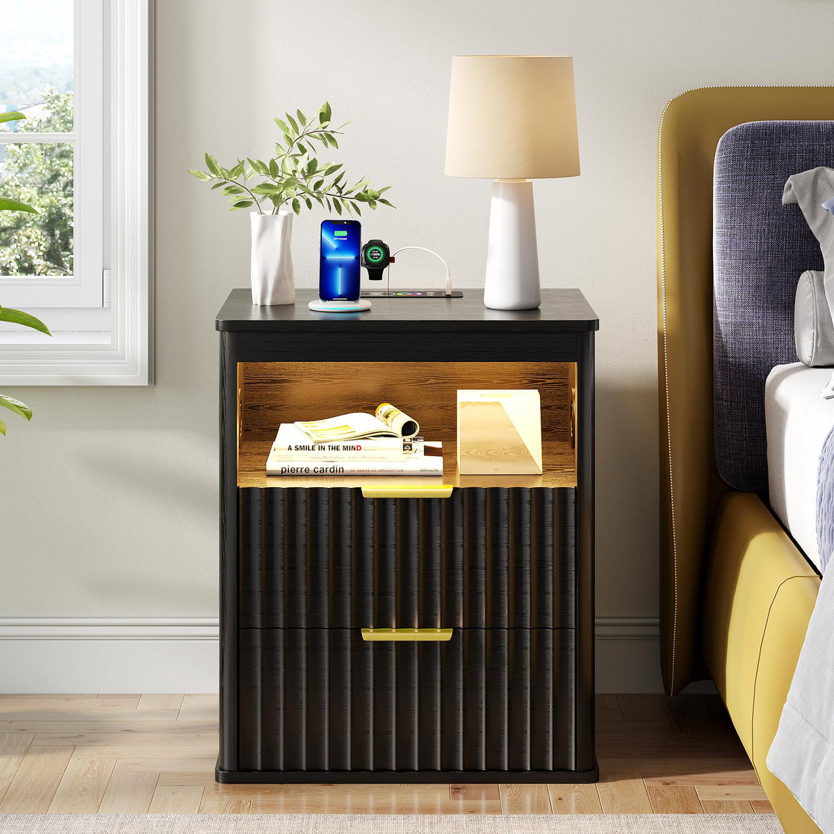 Black Smart Nightstand with Bluetooth Speaker, LED Lights, Wireless Charging, 2 Drawers & Open Shelf S114251