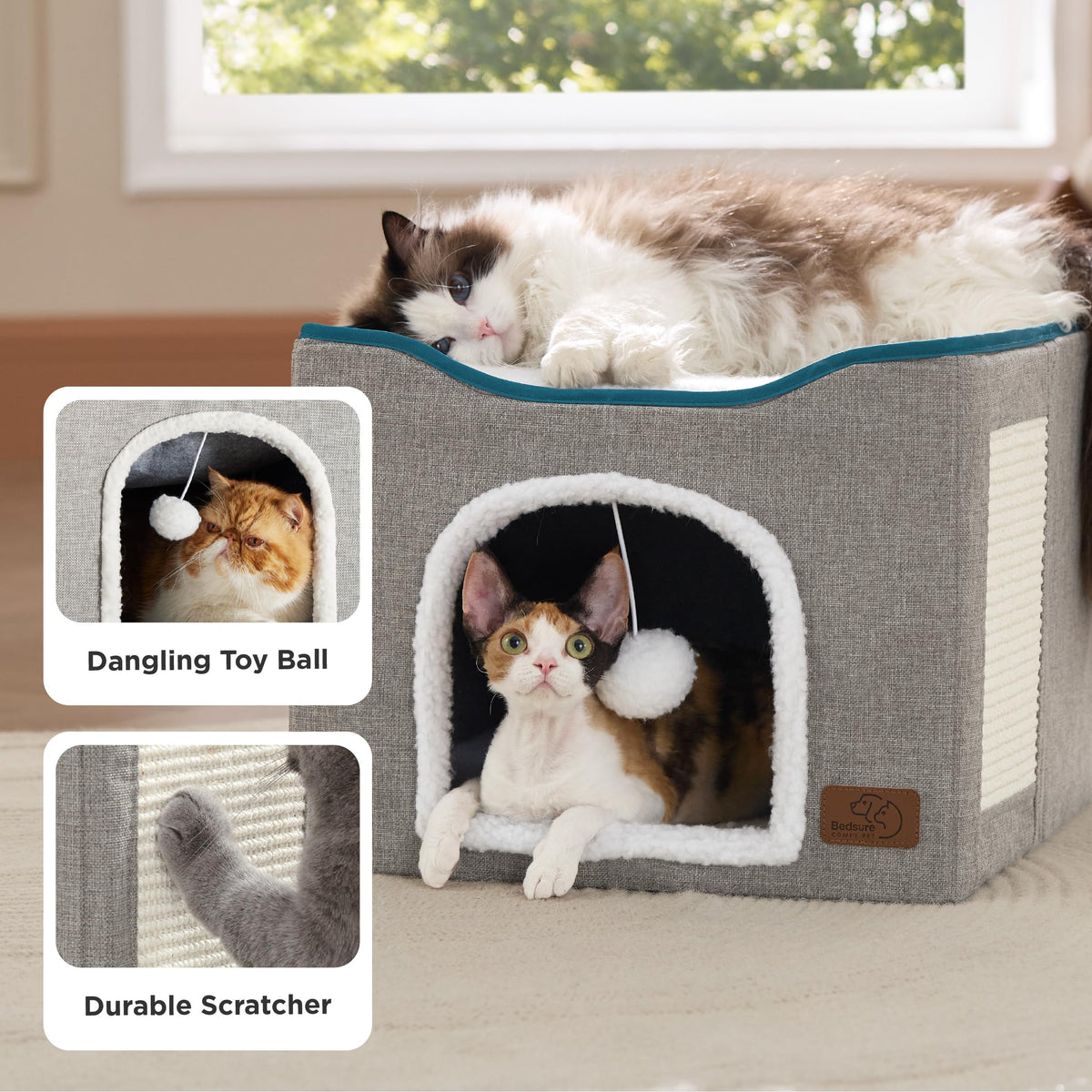 Grey Cat House Bed with Fluffy Ball and Scratch Pad W766