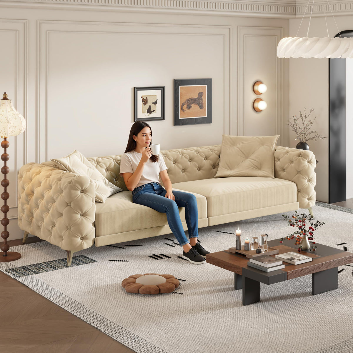 Velvet 3-in-1 Convertible Sleeper Sofa with Movable Ottoman Z65624
