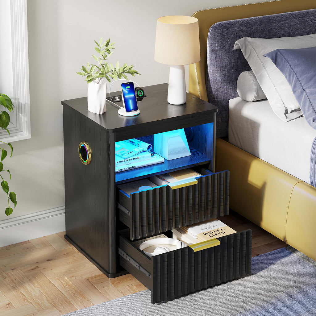 Black Smart Nightstand with Bluetooth Speaker, LED Lights, Wireless Charging, 2 Drawers & Open Shelf S114251