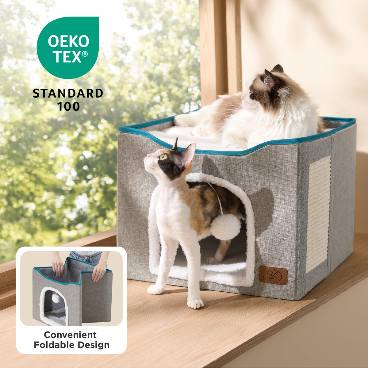 Grey Cat House Bed with Fluffy Ball and Scratch Pad W766