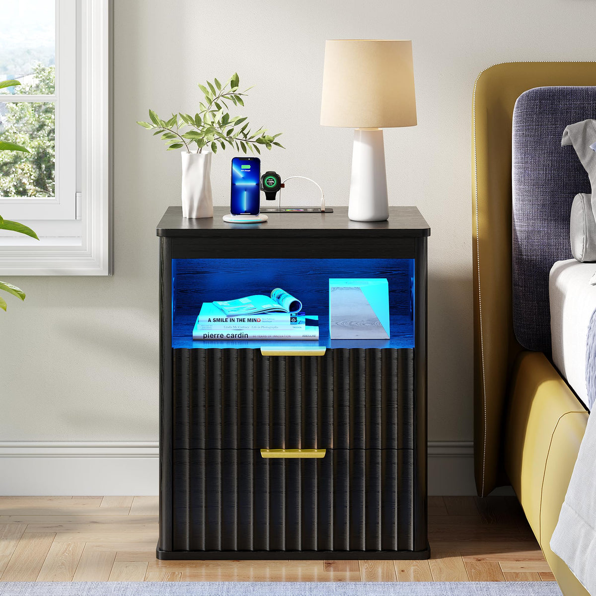 Black Smart Nightstand with Bluetooth Speaker, LED Lights, Wireless Charging, 2 Drawers & Open Shelf S114251