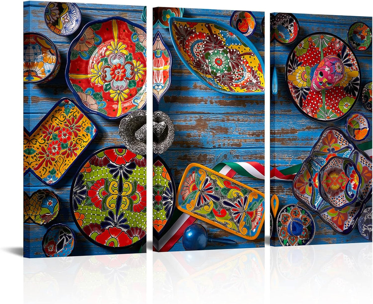 Colorful Mexican Wall Art Canvas Decorative Plate Painting Ready to Hang B60736