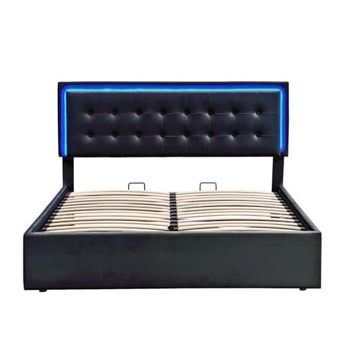Queen Size Upholstered Bed with LED Headboard and 2 Nightstand V117