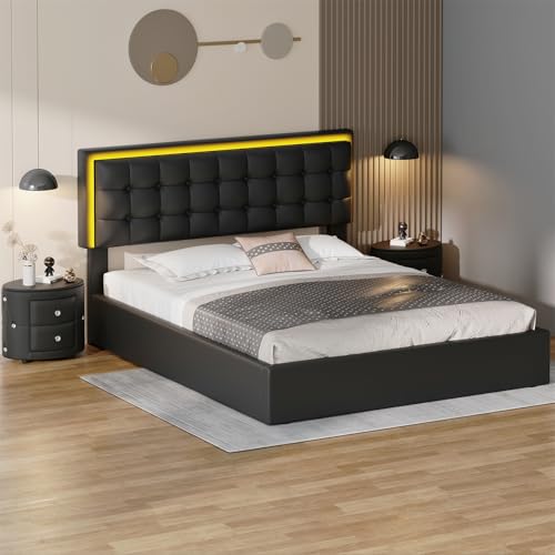 Queen Size Upholstered Bed with LED Headboard and 2 Nightstand V117