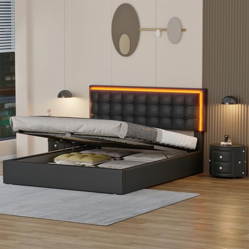 Queen Size Upholstered Bed with LED Headboard and 2 Nightstand V117