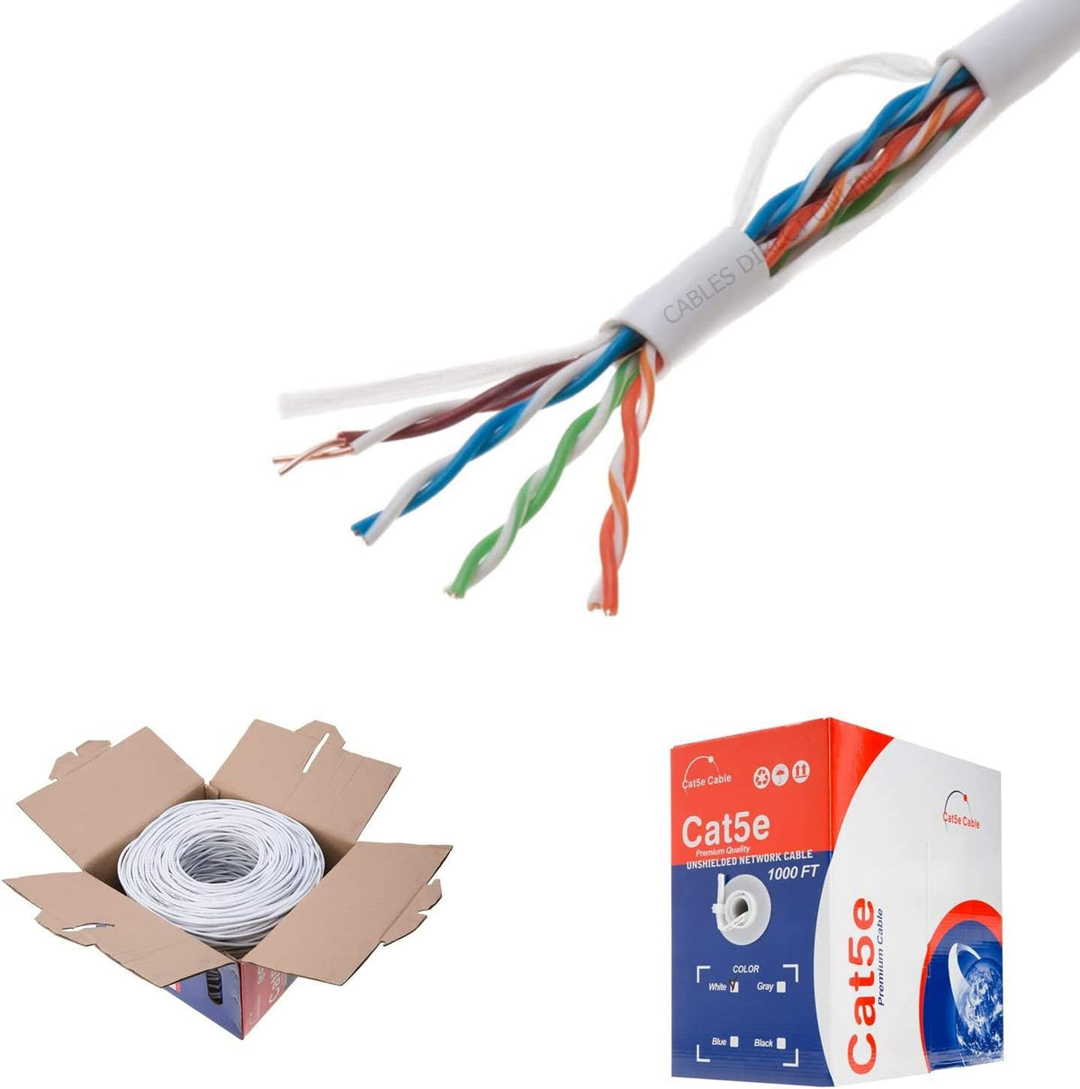 Plenum CAT5e 1000FT CMP Cable White Solid 24 AWG Bulk Box G39500
