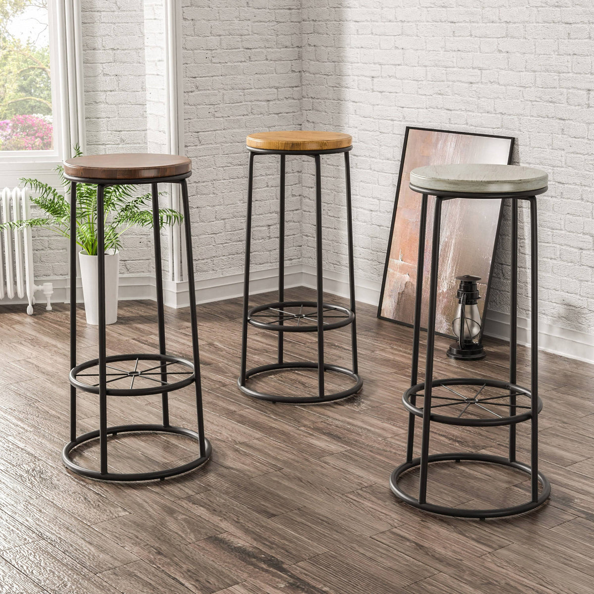 Rustic Metal Barstools Set of 2 Coastal White A3496